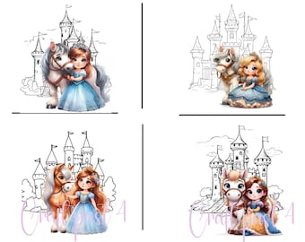 Ensemble d'oeuvres d'art murales princesse – 4 impressions PNG | Décoration de chambre d'enfant et de bébé conte de fées | Fond de château