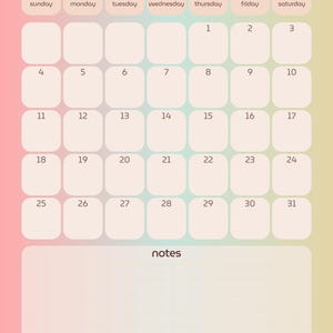 May include: A pastel pink, blue, and green calendar for May 2025. The calendar has a grid layout with each day of the week labeled. The days of the week are Sunday, Monday, Tuesday, Wednesday, Thursday, Friday, and Saturday. There is a notes section at the bottom of the calendar.
