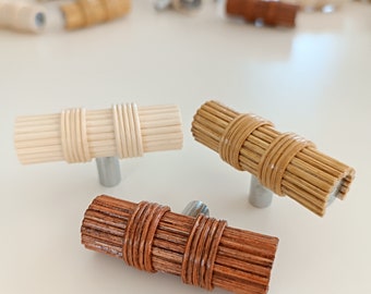 Boho Rattan Knobs, Bamboo Wicker Drawer Pulls for Drawers, Natural Cabinet Handles, Wardrobe Knob