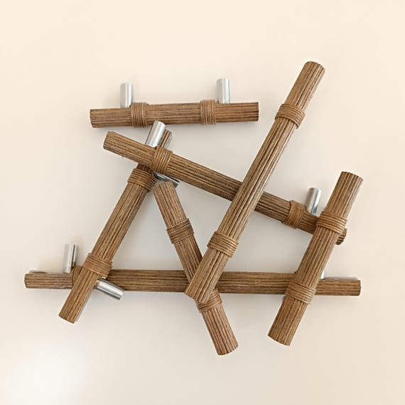 Boho Rattan Drawer Pull, Dark Oak Cabinet Handle, Natural Wood Knobs