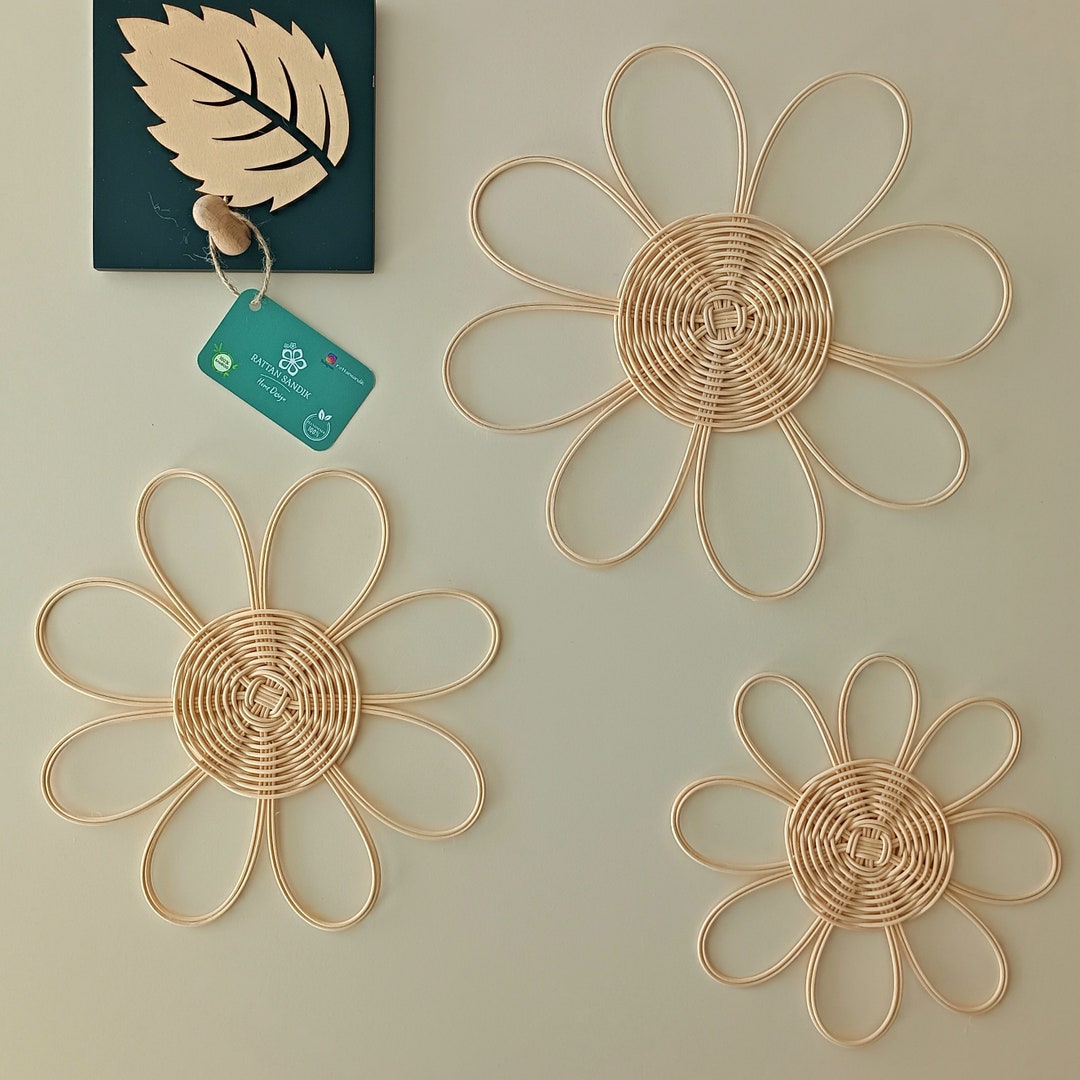 Handmade Set of 3 Rattan Flower Wall Hanging, Wall Decor, Boho Nursery