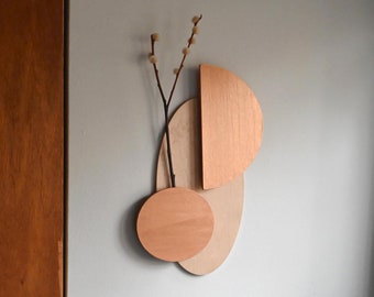 Mid-Century Modern Oval Wood Vase Hanging Bronze Finish Geometric Decor Contemporary Bauhaus Style Pocket for Dried Florals Wall Furniture