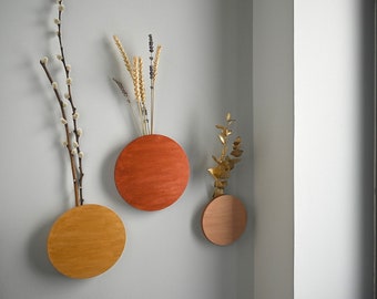 Wooden Mid-Century Modern Decor, Circle Hanging Vase Dry Flower Pocket Luxury Metallics  Slim Flat Disk Round Colorful Contemporary Wall Art