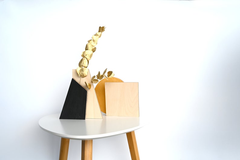 Japandi Wooden Vase, Dried Flowers Vase, Scandinavian Style Wood Decor, Unique Modern Decoration, Geometric Home Gifts, Nude Black Gold Decor