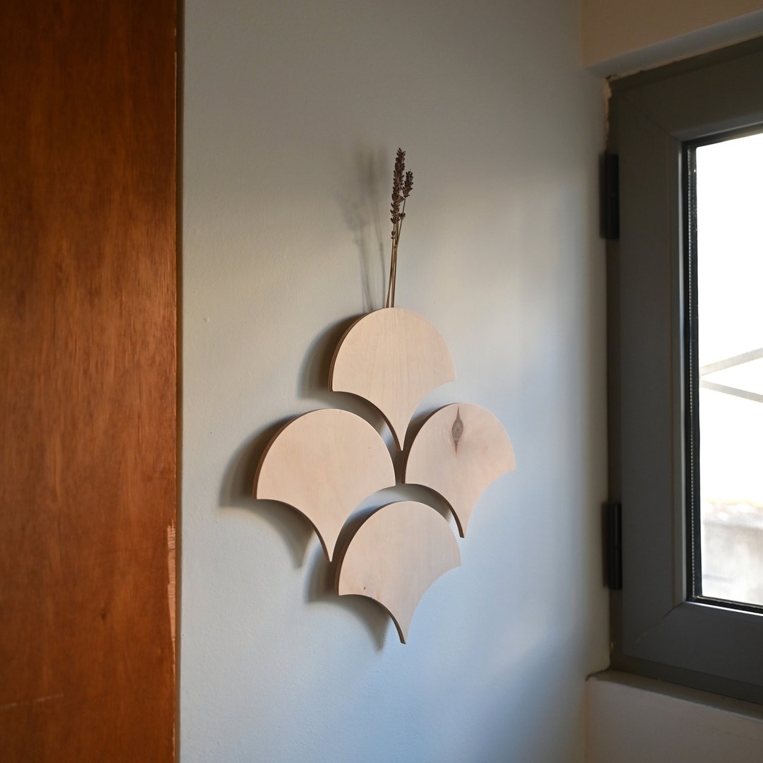 Art Deco Wooden Wall Flower Pocket, Wood Hanging Vase Modern Wall