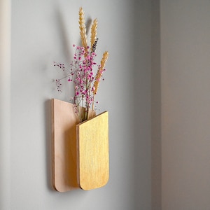 Slim Hanging Flower Holder, Gold Wood Pot Bud Twig Slender Vase Mid Century Style Wall Decor Nature Lover Home Interior Handmade Wooden Gift