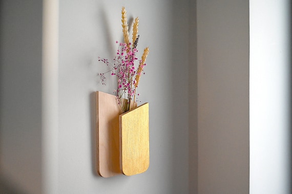 Slim Hanging Flower Holder, Gold Wood Pot Bud Twig Slender Vase Mid Century Style Wall Decor Nature Lover Home Interior Handmade Wooden Gift