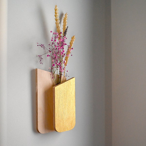 Slim Hanging Flower Holder, Gold Wood Pot Bud Twig Slender Vase Mid Century Style Wall Decor Nature Lover Home Interior Handmade Wooden Gift