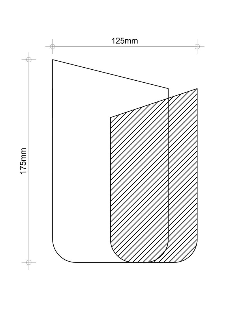 K&ouml;nnte beinhalten: Eine technische Strichzeichnung mit zwei &uuml;berlappenden rechteckigen Formen mit abgerundeten unteren Ecken. Die linke Form ist umrandet, w&auml;hrend die rechte Form eine diagonale Schraffur aufweist. Die Ma&szlig;e betragen 125mm Breite und 175mm H&ouml;he.