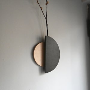 May include: A black and wood wall mounted vase with a branch of pussy willow flowers.