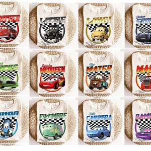 Disney Retro 90s Cars All Characters Shirt, Disney Cars Land Checkerboard Racing Shirt, Disneyland Vacation Family Matching Shirt image 1