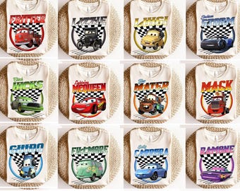 ディズニー レトロ 90年代 カーズ 全キャラクター シャツ、ディズニー カーズ ランド チェッカーボード レーシング シャツ、ディズニーランド バケーション ファミリー お揃い シャツ