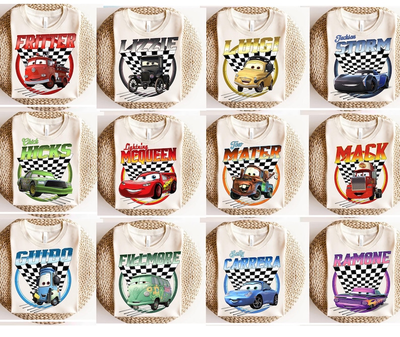 Disney Retro 90s Cars All Characters Shirt, Disney Cars Land Checkerboard Racing Shirt, Disneyland Vacation Family Matching Shirt image 1