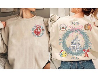 Doppelseitiges Aquarell Die kleine Meerjungfrau-Weihnachtshemd, Ariel Prinzessin-Feiertags-T-Stück, Disney-Schloss-Weihnachtskranz-Outfit, Disneyland-Reise-Hemd