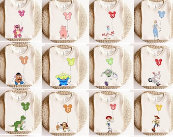 Camiseta personalizada con nombre y edad de los personajes de Toy Story de Disney, camiseta personalizada con nombre y edad de Disney, Buzz Lightyear, Woody, Slinky, Dog, Rex, Hamm, Jessie, Aliens.