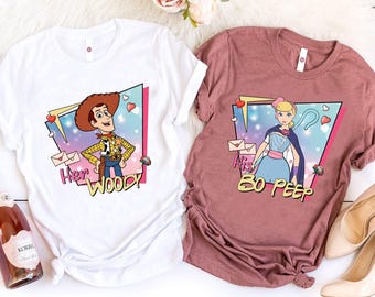 Camiseta retro de Disney de los 90 con Woody y Bo Peep, bonita camiseta de San Valentín para parejas de Toy Story de Disney, regalos de cumpleaños a juego de Disney, camiseta familiar a juego