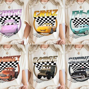Disney Retro 90s Cars All Characters Shirt, Disney Cars Land Checkerboard Racing Shirt, Disneyland Vacation Family Matching Shirt image 2