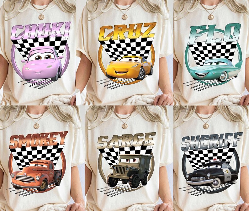 Disney Retro 90s Cars All Characters Shirt, Disney Cars Land Checkerboard Racing Shirt, Disneyland Vacation Family Matching Shirt image 2