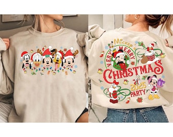 2-seitig Micky sehr frohe Weihnachten Party 2026 Shirt, Disney Santa Micky und Freunde Gruppe Weihnachtslichter Shirt, Disneyland Xmas Tee