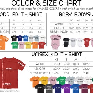 The image is a color and size chart for children's clothing, including a toddler t-shirt and a baby bodysuit. The chart provides measurements for different sizes, such as width, length, sleeve length, and shoulder width, along with corresponding color options. The chart also includes a unisex kid t-shirt with various color options and corresponding measurements.