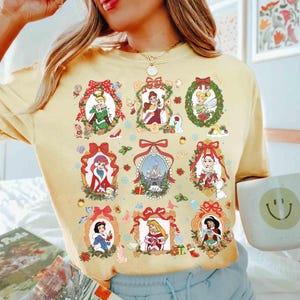 Coquette Bow Disney Princess Christmas Lights Shirt, Princess Belle Ariel Jasmine Holiday Tee, Magic Kingdom Magical Castle Christmas Tee image 2