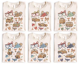 Retro Coquette Bows Cars Lightning McQueen and Friends Christmas Shirt, Disney Cars Christmas Gingerbread Shirt, Christmas Family Shirt