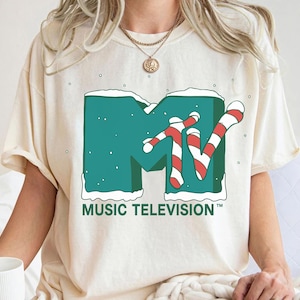 MTV Christmas Candy Cane 80&#39;s Shirt, MTV Logo Christmas Candy Cane Shirt, Music Television Christmas Shirt, Disneyland Family Matching Shirt