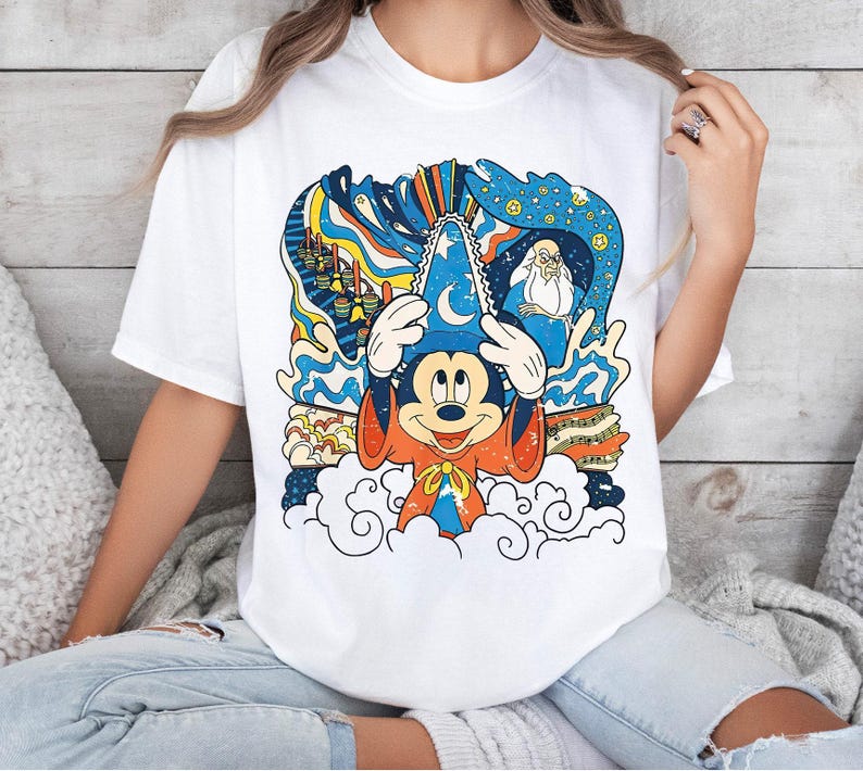 Vintage magische Mickey-shirt, Fantasia Sorcerer Mickey Mouse-shirt, Mickey en vrienden, shirt Disneyland familievakantie, verjaardagscadeaus afbeelding 2