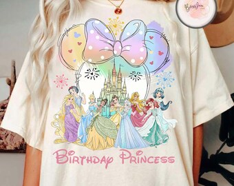 Retro Colorful Castle Disney Birthday Princess Shirt, Disney Princess Aurora Belle Rapunzel Snow White Ariel, Disney Matching Birthday Gifts