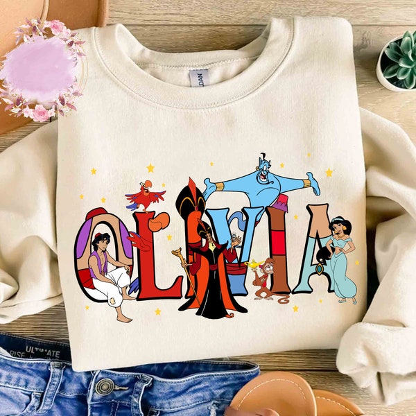 Custom Name Aladdin Characters Name Shirt, Custom Girl Boy Name Kids Shirt, Disneyland Family Matching Trip, Cute Birthday Boy Girl Outfit