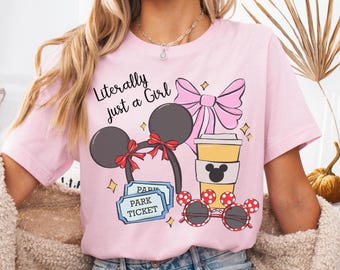 Camiseta Disney Coquette Bow Literally Just A Girl, Camiseta para viaje a Disneyland para niñas, Camiseta para viaje al parque Disneyland con orejas de Mickey y Minnie, Magic Kingdom