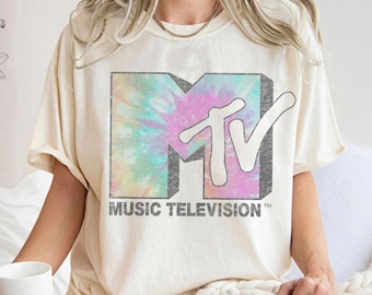 MTV Music Television T-shirt med blekt tie dye-logotyp, MTV-logotyp, matchande Disneyland-familjesemestertröja, matchande Disney-födelsedagspresenter