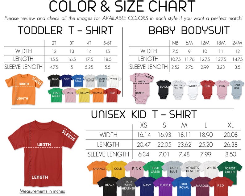 The image is a color and size chart for children's clothing, including a toddler t-shirt and a baby bodysuit. The chart provides measurements for different sizes, such as width, length, sleeve length, and shoulder width, along with corresponding color options. The chart also includes a unisex kid t-shirt with various color options and corresponding measurements.