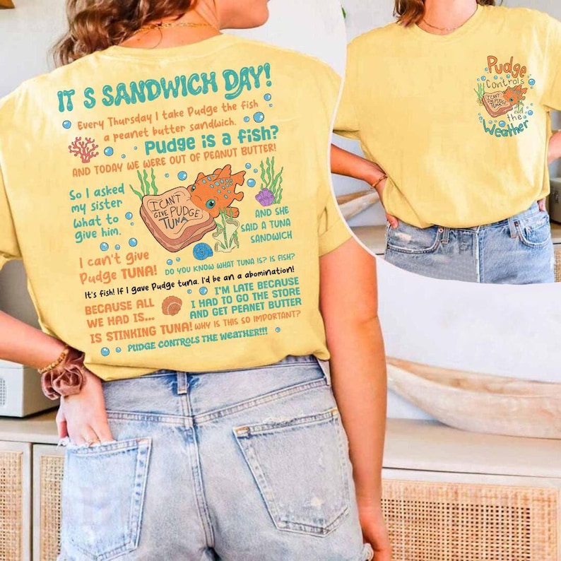 2-Sided Disney Lilo And Stitch Pudge Controls The Weather Shirt, Disney Pudge Tuna It's Sandwich Day Shirt, Walt Disney World Matching Shirt image 3