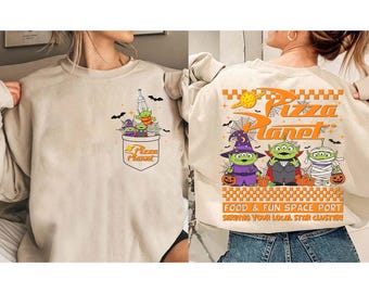 Disney Toy Story Pizza Planet Food & Fun Space Port Halloween Shirt, Disney Little Green Aliens Halloween Tee, Disneyland Spooky Season Tee