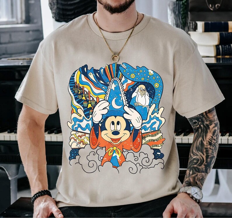 Vintage magische Mickey-shirt, Fantasia Sorcerer Mickey Mouse-shirt, Mickey en vrienden, shirt Disneyland familievakantie, verjaardagscadeaus afbeelding 3