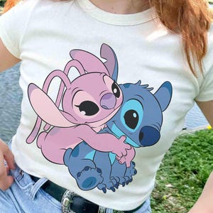 Disney Lilo and Stitch Cute Angel and Stitch Hugging Chest