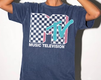 MTV Neon Distressed Checkered Logo Graphic T-Shirt, Retro Music Television MTV Logo Shirt, Retro 80s & 90s MTV Wash Family Shirt