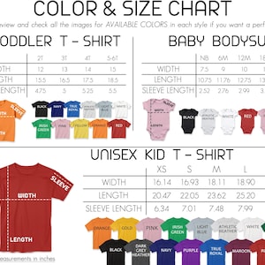 The image is a color and size chart for children's clothing, including a toddler t-shirt and a baby bodysuit. The chart provides measurements for different sizes, such as width, length, sleeve length, and shoulder width, along with corresponding color options. The chart also includes a unisex kid t-shirt with various color options and corresponding measurements.