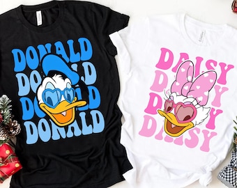 Camiseta retro de Disney de los 90 con el pato Donald y Daisy, bonita camiseta de San Valentín para parejas de Disney, regalos de cumpleaños a juego de Disney, camiseta familiar a juego de Disney
