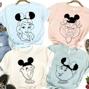 Disney Beauty and The Beast Characters Portrait Shirt, Mickey Hat Shirt, Belle, Cogsworth T-shirts, Disneyland Family Matching Shirt