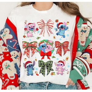 Disney Stitch and Angel Coquette Bows Christmas Shirt, Disney Stitch Angel Couple Christmas Shirt, Disneyland Vacation Family Matching Shirt image 1