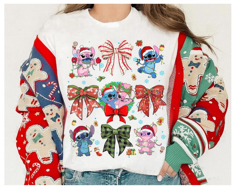 Disney Stitch and Angel Coquette Bows Christmas Shirt, Disney Stitch Angel Couple Christmas Shirt, Disneyland Vacation Family Matching Shirt image 1