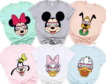 Camiseta de Disney Mickey y sus amigos con gafas de sol de cara grande, modo vacaciones, camiseta de Mickey, Minnie, Donald, Daisy, Goofy y Pluto, camiseta de Halloween de Disneyland