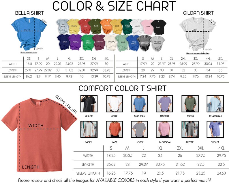 The image is a color and size chart for t-shirts, displaying various styles and colors available in different sizes. The chart includes measurements for each size and a list of available colors for each style.