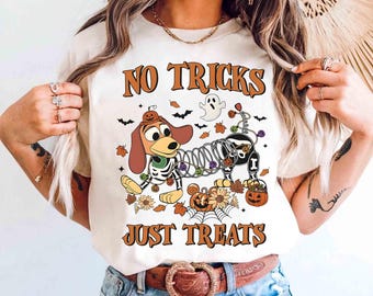 Disney Pixar Toy Story Slinky Dog No Trick Just Treat Halloween Shirt, Slinky Skeleton Pumpkin Halloween Shirt, Disneyland Spooky Season Tee