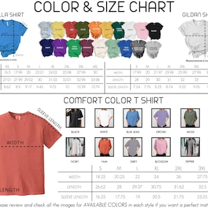 The image is a color and size chart for t-shirts, displaying various styles and colors available in different sizes. The chart includes measurements for each size and a list of available colors for each style.