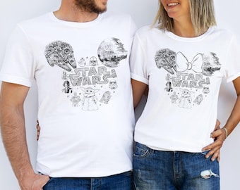 Camiseta de Star Wars con la cabeza de Mickey, camiseta de Star Wars con orejas de Mickey y Minnie, camiseta de Disney con la pareja de Mickey y Minnie, camiseta para el viaje a Galaxy's Edge en Disneyland.