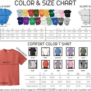The image is a color and size chart for t-shirts, displaying various styles and colors available in different sizes. The chart includes measurements for each size and a list of available colors for each style.