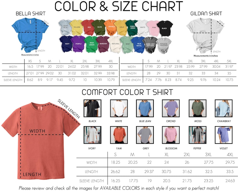 The image is a color and size chart for t-shirts, displaying various styles and colors available in different sizes. The chart includes measurements for each size and a list of available colors for each style.